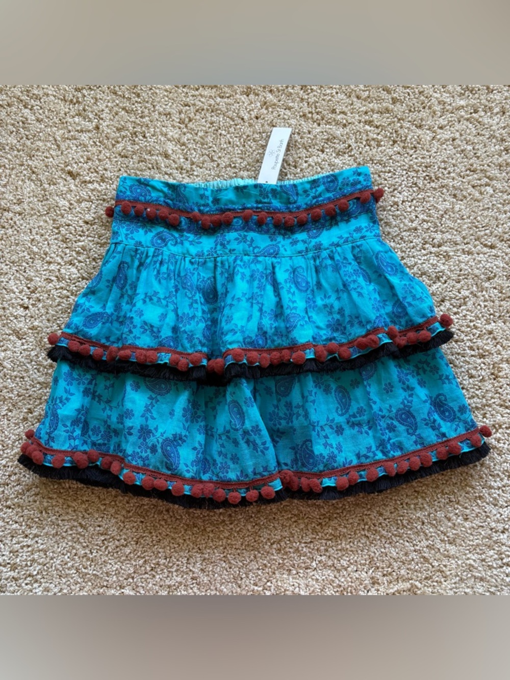 Poupette St Barth Chacha Mini Skirt S Scuba Blue Tiered Pom Pom Boho NWT